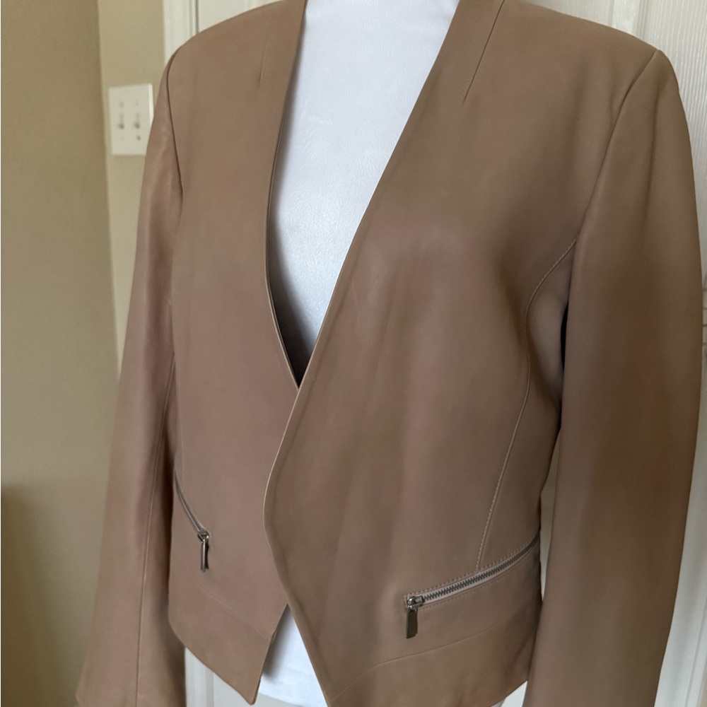Joie Taupe Open Front Lambskin Leather Jacket - Picture 3 of 14
